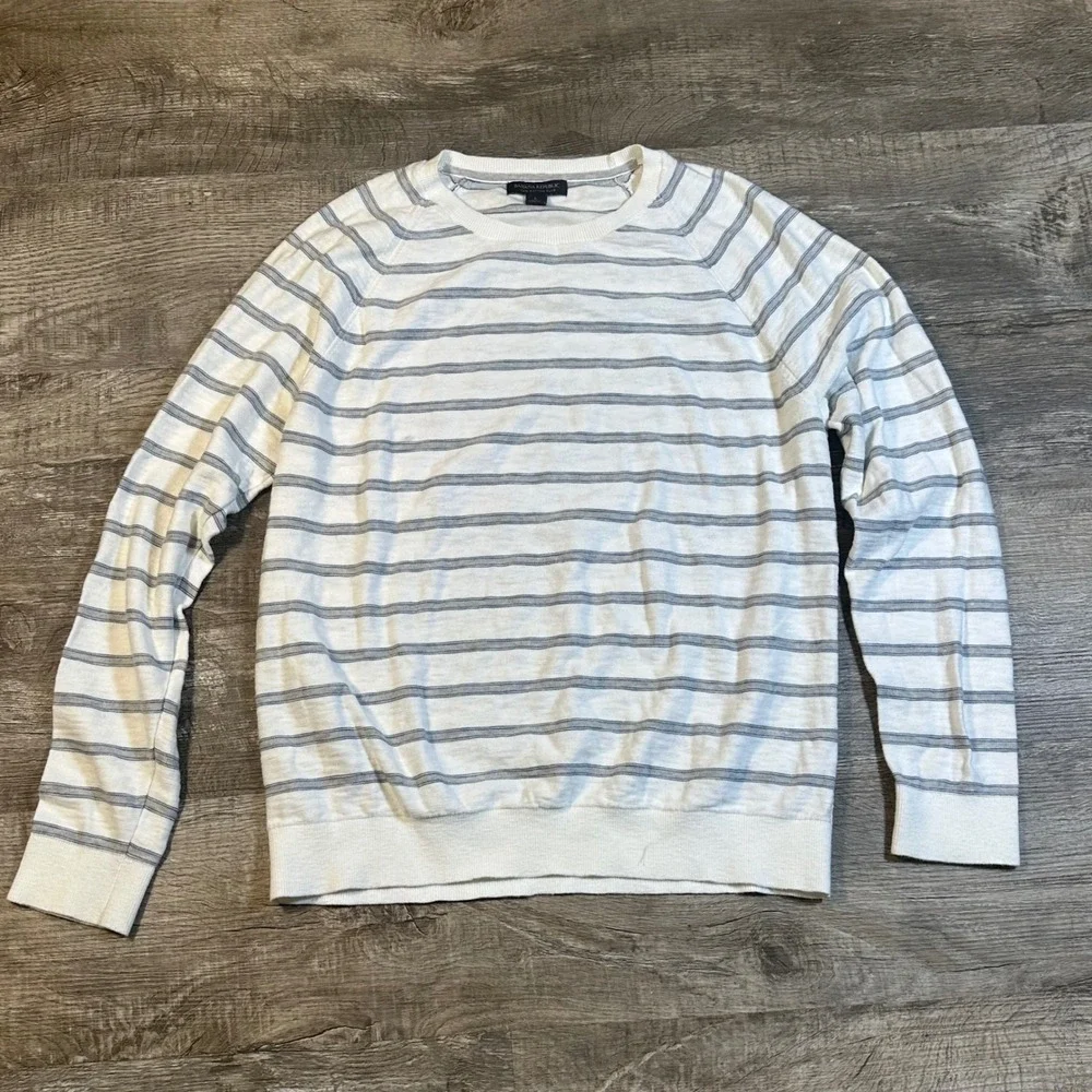Banana Republic Mens White Grey Striped Cotton Slub Crewneck Sweater Large L